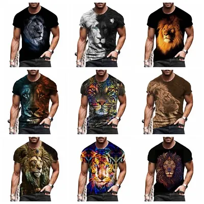 T-Shirt Men's Lion Tiger Fashion Graphic Print Short Sleeve Silky Casual T Shirt • $18.98