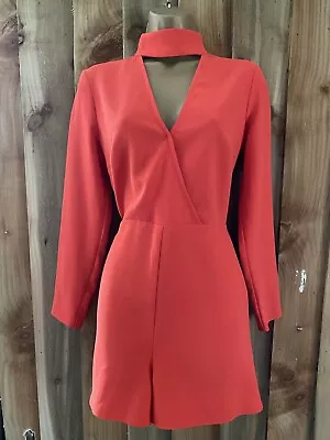 🖤river Island Long Sleeve V Neck Orange Short One Piece Playsuit Size 10🖤 • £13.50