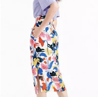 J Crew Size 2 Colorful Floral Pencil Midi Skirt Pockets Slits Linen Blend • $35