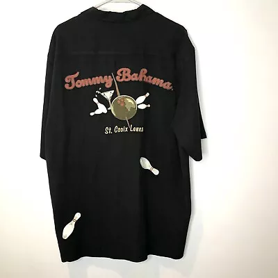 Tommy Bahama Shirt Mens Black 100% Silk Embroidered St Croix Lanes Bowling Large • $44.97