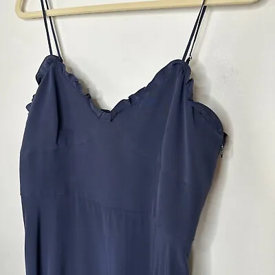 Tibi Navy Blue 100% Silk Spaghetti Strap V Neck Ruffle Hem Cute Midi Dress 10 • $44
