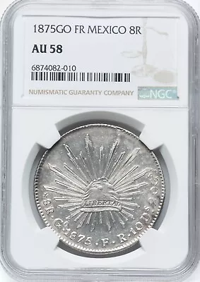 MEXICO GUANAJUATO MINT  1875-GoFR  8 REALES SILVER COIN NGC CERTIFIED AU58 • $175