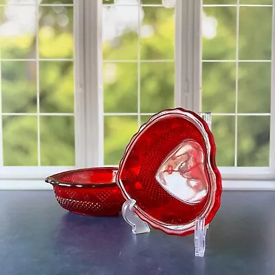 Vintage Ruby Red Diamond Point Heart Bowl Set By LG Wright • $15