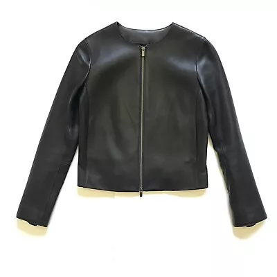 Vince Dual Zip Smooth 100% Leather Jacket Womens XS Black Long Sleeve Crew Neck • $448.94