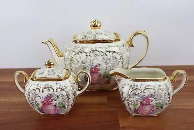 Vintage SADLER 1925 Pinkie Crinoline Lady Cube Teapot Creamer & Sugar Bowl Set • $249.95