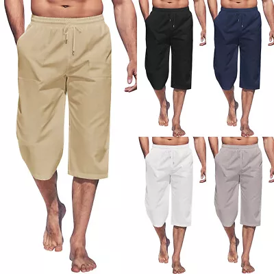 Men's Drawstring Elastic Waist Beach Pants Casual Pocket Capri Trousers Shorts • $17.47