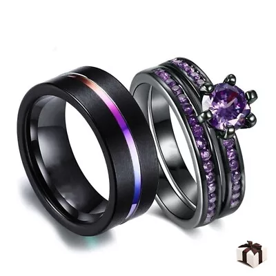 2 Rings Couple Promise Stainless Steel Mens Wedding Band CZ Womens Ring Sets • $14.89