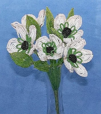Vintage French Glass Beaded White Poppy Anemone Flower Bouquet • $50.99