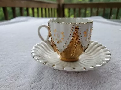 Vintage Made In Germany Demitasse Tea Set - Gold & White Porcelain Cup & Saucer  • $10