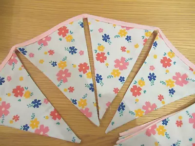 Blue + Pink Flower Bunting. Fabric. Handmade. Party Garden Bedroom Decoration • £5