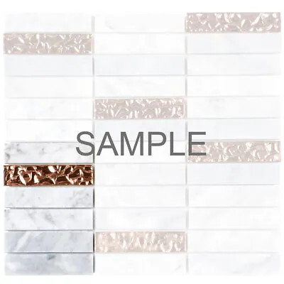 White Carrara Marble Stone Rose Gold Glass Mosaic Tile Stacked Backsplash • $2.99