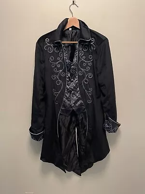 Men Jacket With Tails Medium Black Velvet Embroidered Steampunk Goth Pirate FLAW • $44.88