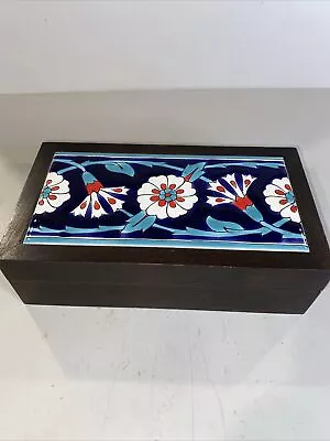 Vintage Black Lacquer Wooden Trinket   Box Floral  9”x5”X2” Tall W Ceramic Tile • $22