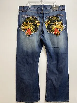 Ed Hardy Denim Embroidered Black Panther Cougar Head Patch Leopard Jean 44x34 • $162.31