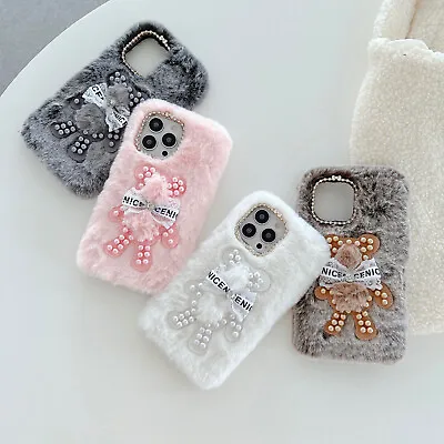 For IPhone 15 14 13 Warm Plush Pearl Bear Women Girl Hot Soft Phone Case Cover • £4.79