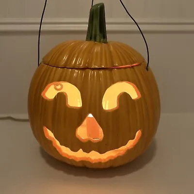 Vintage Halloween Ceramic Light Up Pumpkin Jack O Lantern W/Lid & Working Light • $19