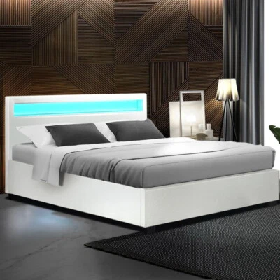 $287 • Buy Artiss Queen Size RGB LED Light Bed Frame Gas Lift Storage Base PU Leather White