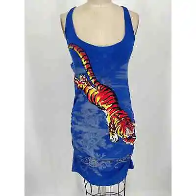 Ed Hardy Halter Mini Bodycon Dress Sz XL Blue Tiger Ruched Y2K • $100