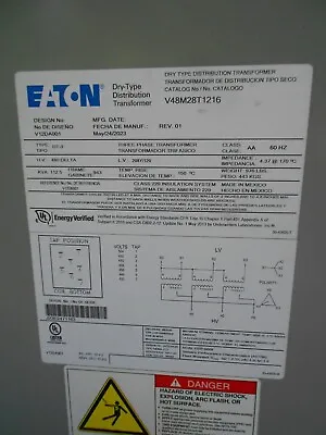 Eaton 112.5 KVa. 3 Phase Transformer 480 /208Y-120 Volt • $4000