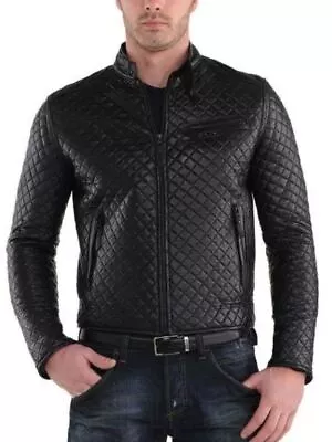 New Leather Jacket Mens Biker Motorcycle Real Leather Coat Slim Fit Black #1206 • $118