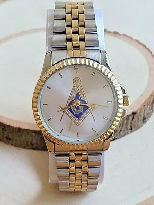 Masonic Mason Watch Gold & Silver Tone Freemason Blue Square & Compass Watch • $29.75