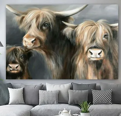 £7.99 • Buy Highland Soft Grey Cows DEEP FRAMED CANVAS WALL ART PICTURE Or PAPER PRINT