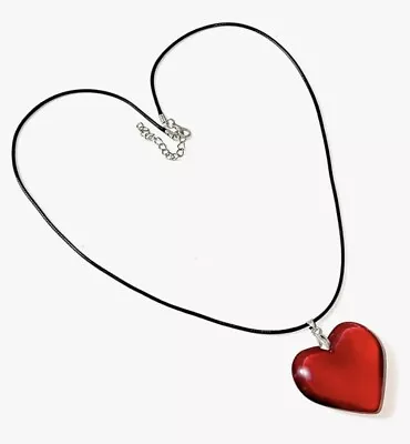 Red Puffy Glass Heart Pendant With Black Rope • $10.99