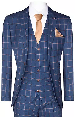 Mens 3 Piece Suit Blue Gold Check Peaky Blinders 1920 Gatsby Smart Vintage Suit • $319.99