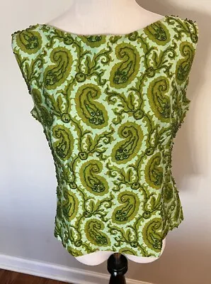 Vintage Malcolm Starr Mint Paisley Pattern Sleeveless Top W/Beading In Size 16 • $99.99
