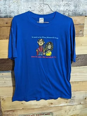 Vintage 80s Beer TV Old Lady Wine Couple Screen Stars T Shirt Mens XL Blue • $18.95