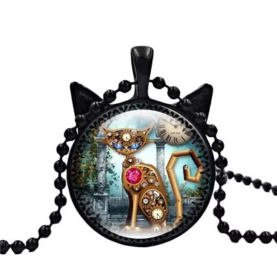 Steampunk Cat Necklace Clock Pendant Jewelry Kitten Necklace Glass Choker • $8.98