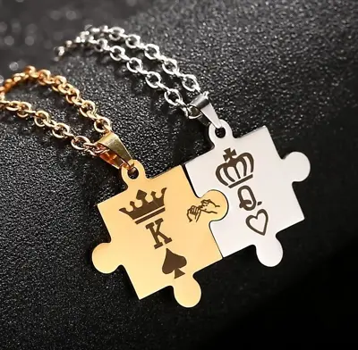 King Queen Stainless Steel Puzzle Necklace Valentine Birthday Couple Lover Gift • £5.99