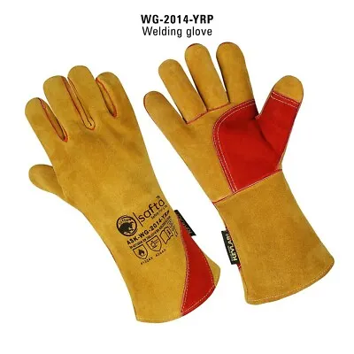 Gloves Welding Cow Leather Heat Resistant BBQ Fire Tig Mig Welders Gauntlets • £18.99