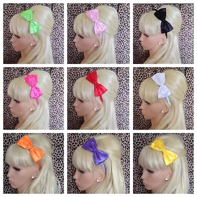 FLORAL LACE & SATIN FABRIC 10cm BOW ALICE HAIR HEAD BAND GIRLS ALICEBAND NEON • £4.99