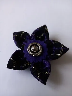 Purple Black & Gold Tartan Brooch. Silver & Black Centre On Purple Felt. 6.5cm • £4.75