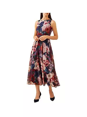 Hobbs Carly Sheer Multi Floral Blue Chiffon 50's Flare Midi Dress 12 Once £169 • £89