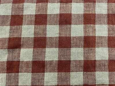 French Vintage Linen Fabric Gingham Check RUST  Grey Curtain Upholstery • £2.99
