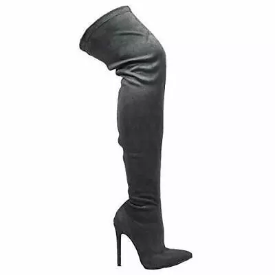 Liliana Gisele-7 Thigh High Stretchy Suede Fitted Pointy Stiletto Boot Grey • $39.99