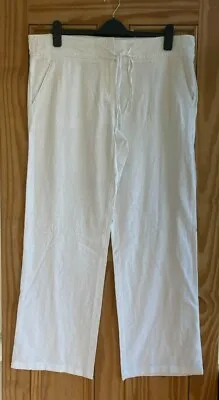 Ladies Brand New White Linen Blend Straight Leg Trousers Regular Long Size 12-18 • £12.99