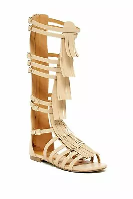 West Blvd Nairobi Nude Leather Flat Open Toe Knee High Gladiator Fringe Sandals • $19.95