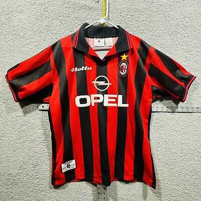 VTG 90s Lotto AC Milan OPEL Jersey Red Black Striped Collared Polo - Large • $79.99