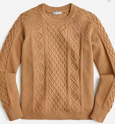 J Crew Women Camel Cable Knit Sweater Cotton Sz S Crewneck Spring Slits • $48