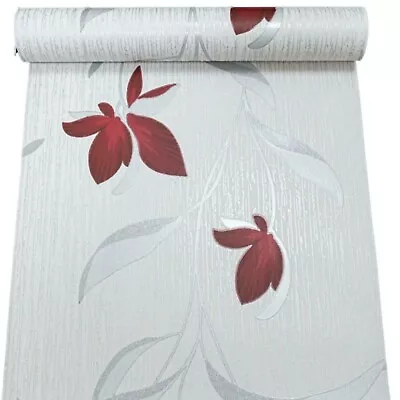 White Silver Floral Wallpaper Erismann Red Textured Metallic Shimmer Glitter • £11.89