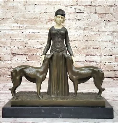 Signed D.H.Chiparus Bronze Statue Girl W/ Dogs Sculpture  Friends Forever Deal • £558.03