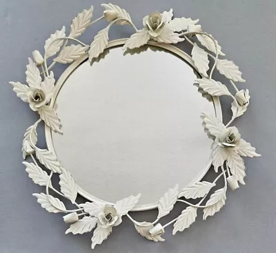 Vintage 18  Mirror Wrought Iron Ivory Rose Round Wall Mount Floral Shabby Chic • $89.95