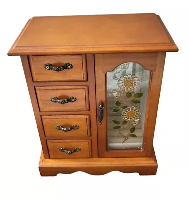 Vintage Mele Style Wooden Wardrobe Jewellery Box Floral Glass Pattern Drawers • £29.99