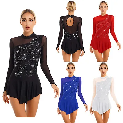 Women Long Sleeve Figure Ice Skating Dress Rhinestone Competition Dance Costume • £22.07