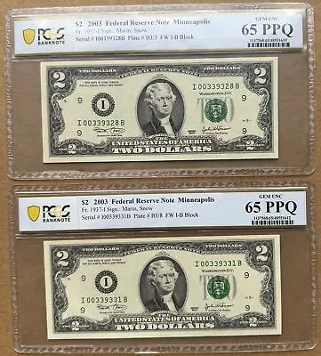 2pc Lot $2 2003 Federal Reserve Notes Minneapolois Pcgs 65ppq Fr1937-i Close S/n • $0.99