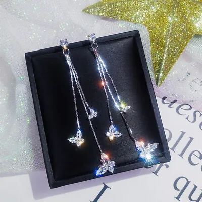 $2.48 • Buy 925 Silver Butterfly Crystal Tassel Earrings Drop Dangle Women Wedding Jewellery
