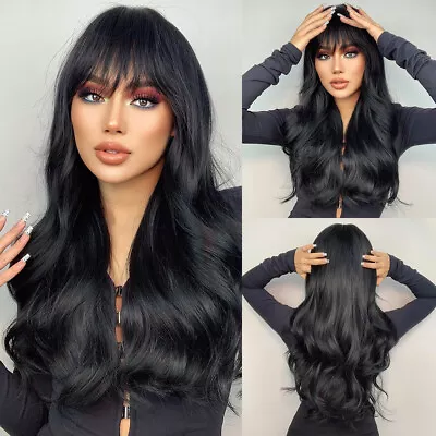 US 24inch Cosplay Wig With Bangs Long Wavy Synthetic Hair Fashion Black • $15.19